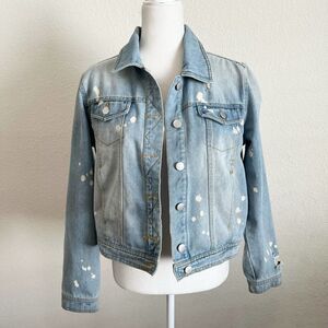 ACTIVE USA Denim Light Wash Distressed Paint Splatter Trashed Blue Jean Jacket L